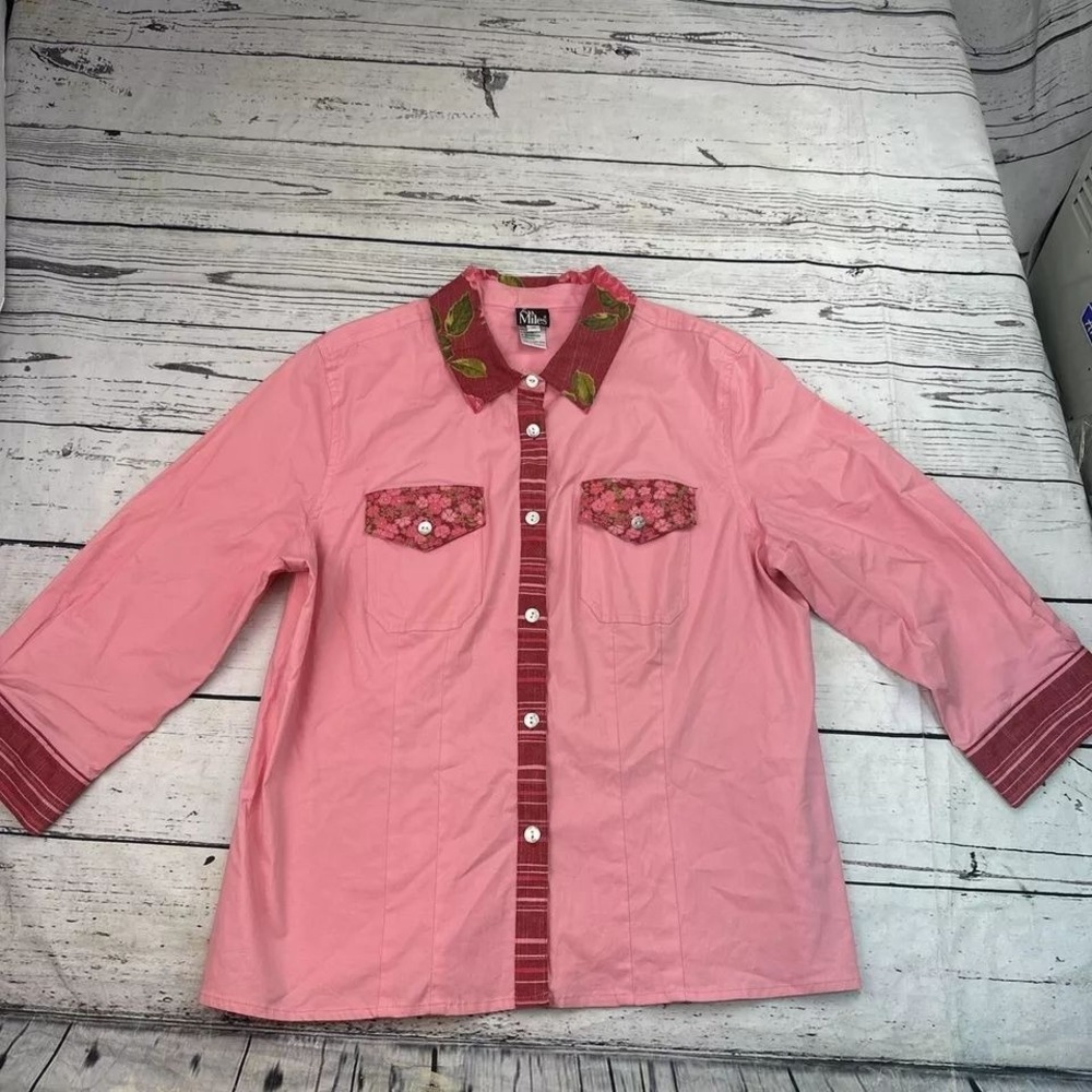 Ali Miles Pink Floral Collar Button Down Shirt Womens 14 Cotton Blend 3/4 Sleeve